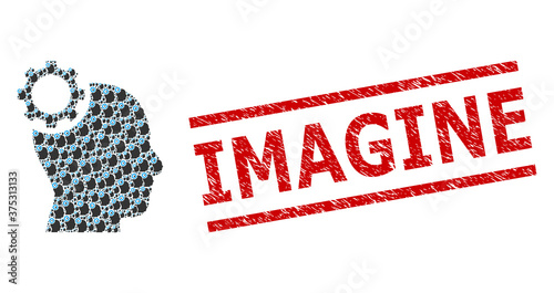 Fractal collage intellect gear and Imagine grunge stamp seal. Vector collage is formed from scattered intellect gear items. Stamp seal includes Imagine tag between parallel lines.