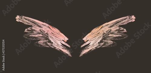 Abstract pink hand painted wings on black background in vintage nostalgic colors