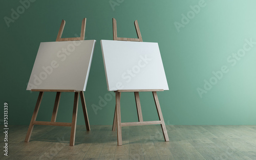 3d rendering of a wooden easel on wood floor with green wall
