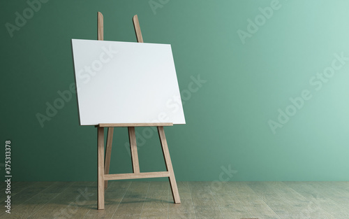 3d rendering of a wooden easel on wood floor with green wall