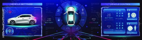 Car service. Holographic digital interface. Dashboard, characteristics, description of the car. Futuristic car interface for website or video games. Realistic car in 3D space holographic interface wit
