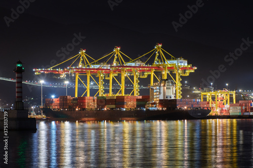container cargo freight ship at night