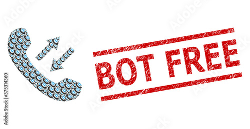 Fractal mosaic phone talking and Bot Free scratched stamp seal. Vector mosaic is formed with random phone talking items. Stamp seal includes Bot Free tag between parallel lines.