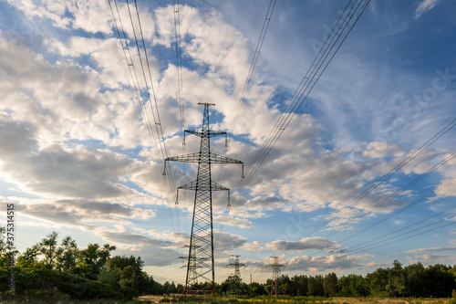 High-voltage power lines. Electricity distribution station. high voltage electric transmission tower