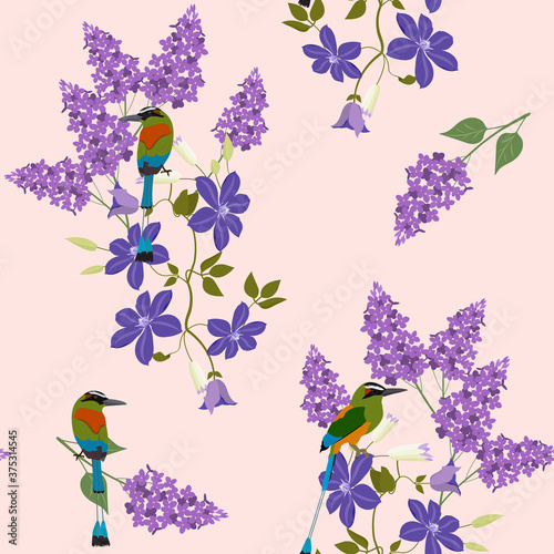 Seamless beautiful summer vector illustration with lilac  clematis and exotic birds.