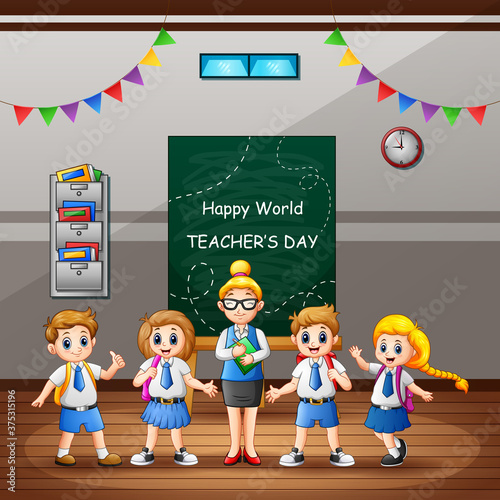 Happy Teacher's Day text on chalkboard with kids and teacher in the classroom