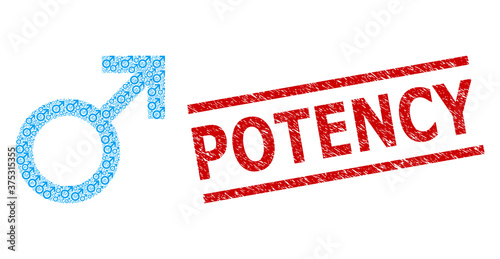Recursive collage male symbol and Potency scratched stamp. Vector mosaic is created of recursive male symbol parts. Stamp seal includes Potency caption between parallel lines.