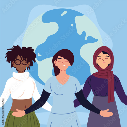 black latin and muslim women cartoons with world sphere vector design