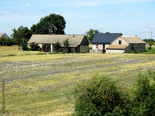 Landscape of farm and house in field in summer season in Eastern Europe.