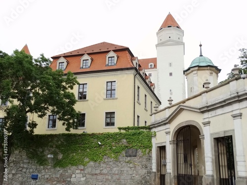 Panoramic view of Bratislava castle and nearby buildings, commonly referred as Bratislavsky hrad. Bratislava is the capital of Slovakia. © isparklinglife