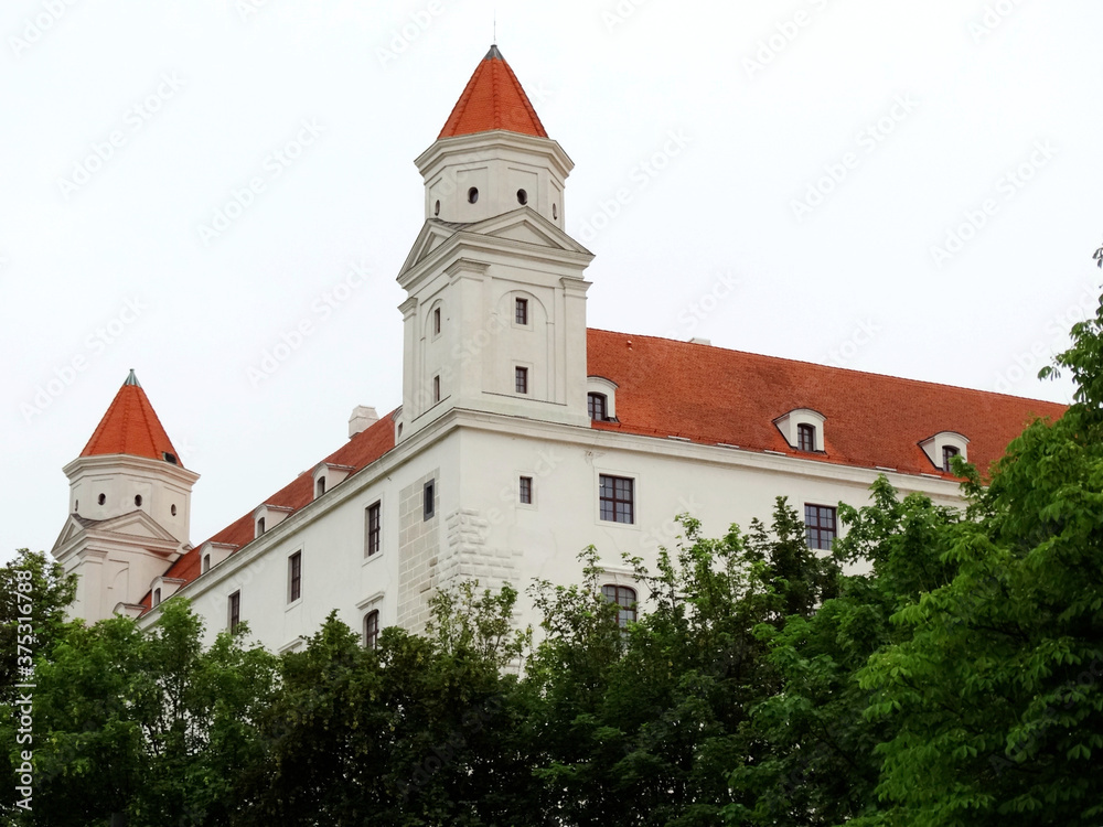 Panoramic view of Bratislava castle on hill in Bratislava in Slovakia. Since independence, the castle has served as a representative venue for the Slovak Parliament and National Museum.