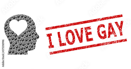 Recursive mosaic lover head and I Love Gay unclean stamp print. Vector mosaic is designed from scattered lover head parts. Stamp seal includes I Love Gay caption between parallel lines.