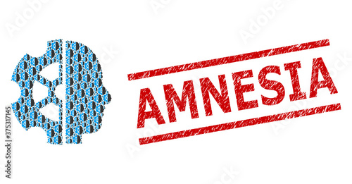 Fractal combination intellect and Amnesia scratched stamp seal. Vector collage is done from randomized intellect items. Stamp seal includes Amnesia text between parallel lines.