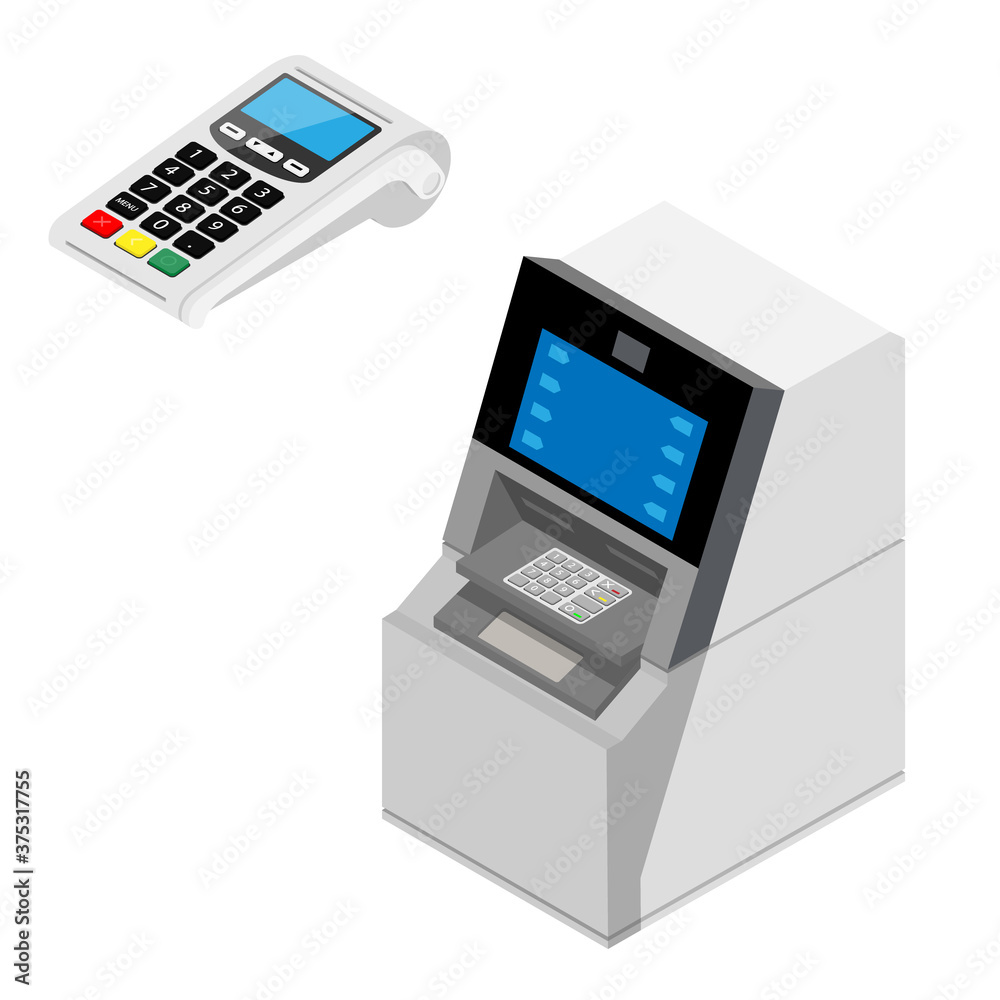 POS terminal and ATM isolated on white background. Bank Payment Terminals. Isometric view POS terminal and ATM isolated on white background. Bank Payment Terminals. Isometric view