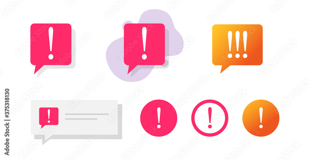 Warning notice notification icons set vector, caution error push message text comment bubble speech collection, beware careful information sign, secure danger attention website pictogram element