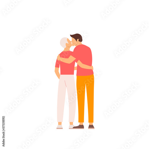 Two gays embrace and kisses on isolated white background. Flat illustration for Valentine day. © Arina