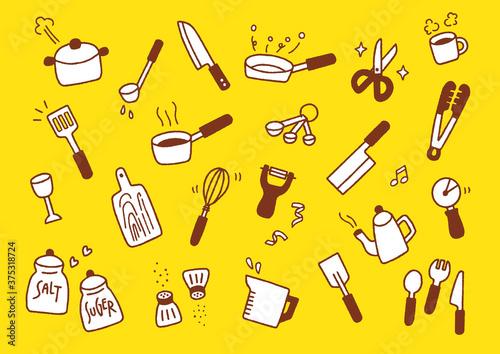 キッチンツール・調理器具のかわいい手描きベクターイラスト