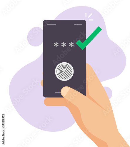 Touch fingerprint id secure identification check on mobile phone in person hand vector, thumbprint authorization password access, digital biometric sensor on smartphone, finger print authentication