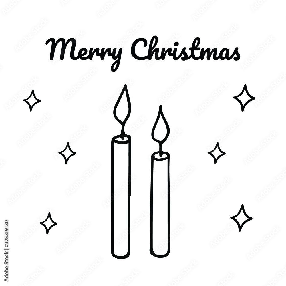 Merry christmas. Magical candles, fire with stars hand drawn illustration. Dreams come true. Doodle sparkles isolated on white background. Black icon picture. Сalligraphic letters.