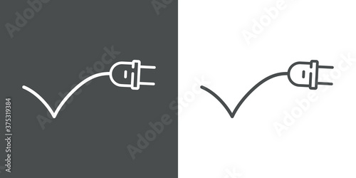 Concepto energía eléctrica. Logotipo lineal enchufe eléctrico con cable como check en fondo gris y fondo blanco