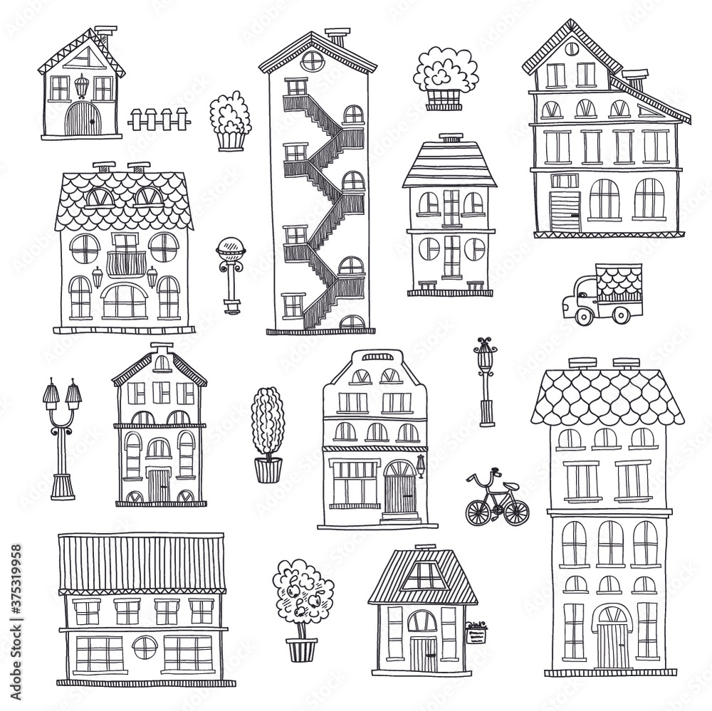 Set of cute hand drawn houses, street lights and trees . Vector city street collection