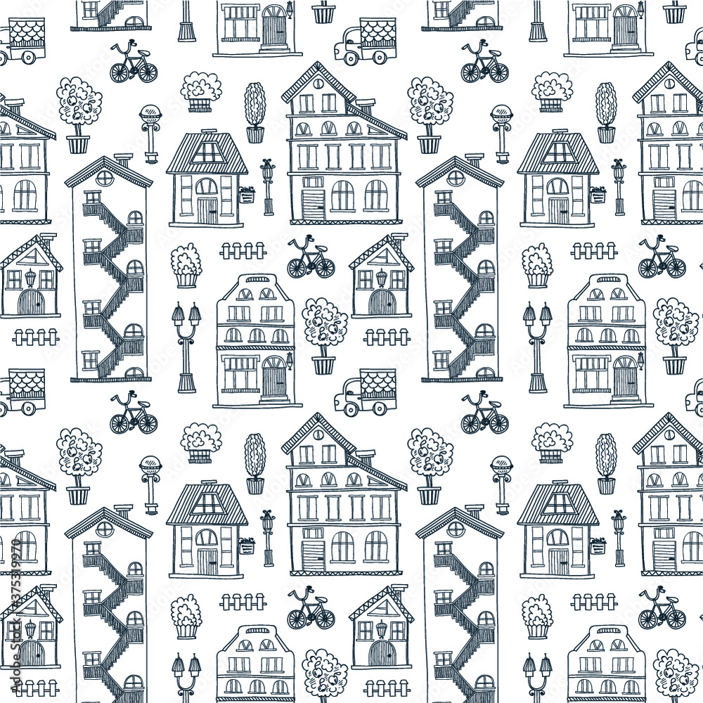 Seamless pattern with cute hand drawn houses. Vector city street collection