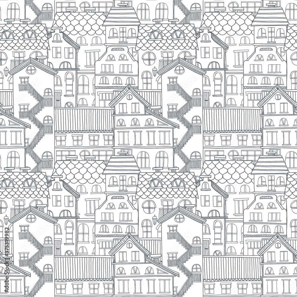 Seamless pattern with cute hand drawn houses. Vector city street collection
