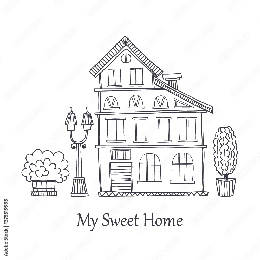 Card template with cute hand drawn house. Vector city street collection