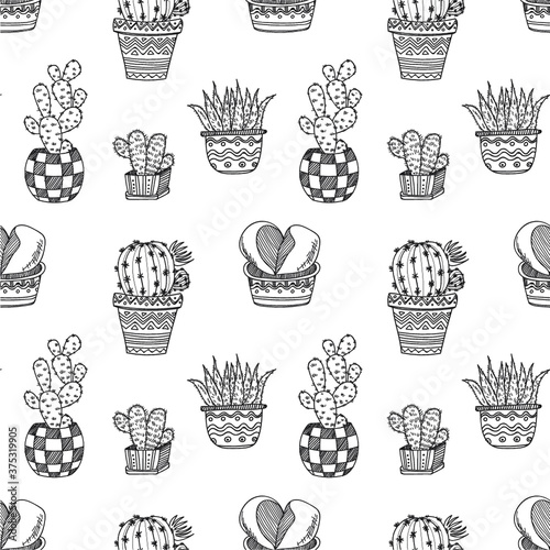 Seamless pattern with cute hand drawn cactuses and succulents. Doodle collection of house plants. Vector