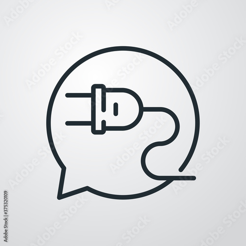 Concepto energía eléctrica. Logotipo lineal enchufe eléctrico con cable como burbuja de habla en fondo gris