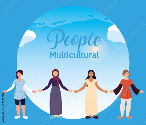 latin muslim indian and european women cartoons in front of sky vector design