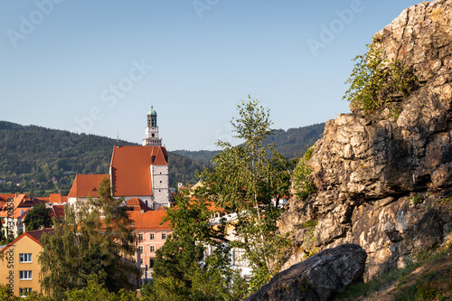 Old town Prachatice, South Bohemian Region, Czech Republic with Church of St. James the Greater from hill knows as 