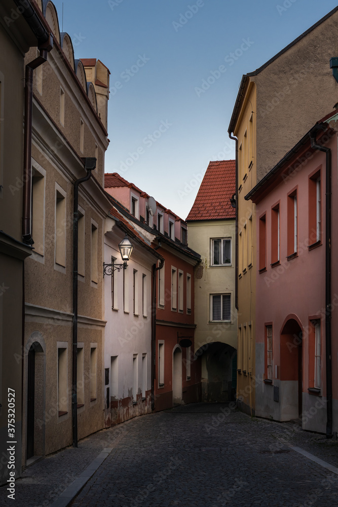 Street in old town Prachatice, Czech Republic after sunset