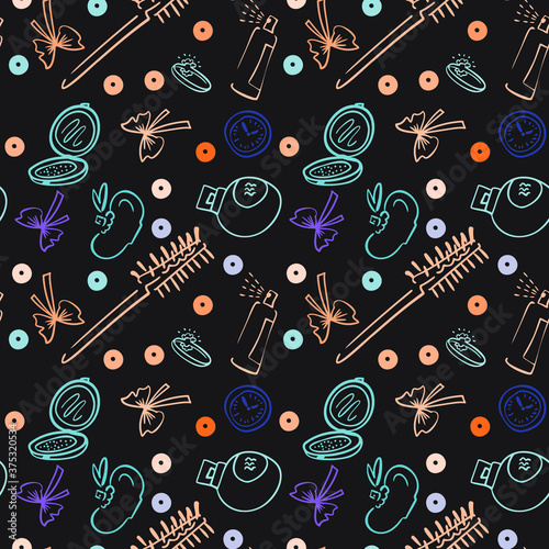 Vector seamless pattern with makeup elements and beauty needs. Fashion vector Illustration on black background.