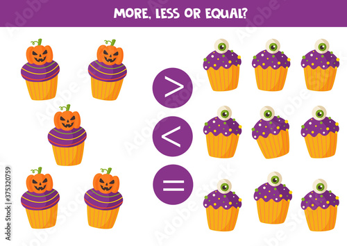 Comparison for preschoolers. Math game with Halloween cupcakes.