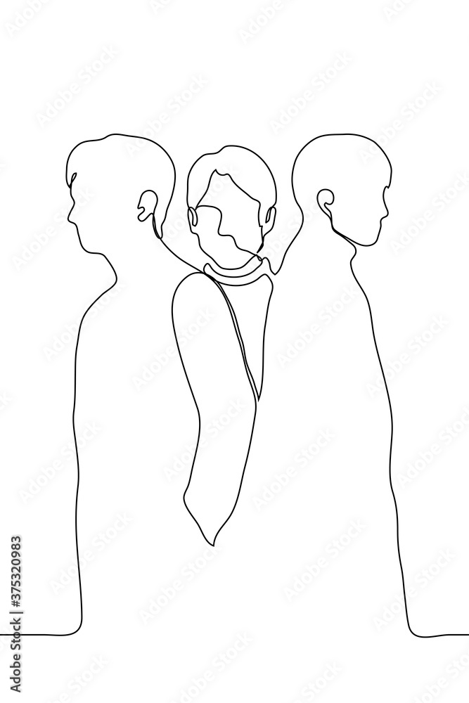 three men, two of whom stand sideways (in profile) with their backs to each other, between them you can see the face of a third man who looks at the viewer (observer). One continuous line drawing