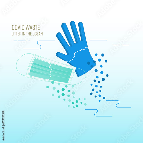 Floating disposable surgical face mask and glove. Covid waste, new kind of plastic pollution threatening the ocean. Vector illustration outline flat design style.