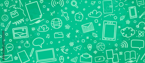 Back to school. Hand drawn school supplies.  Education signs on chalkboard. Elements are drawn in a linear style. Online education
