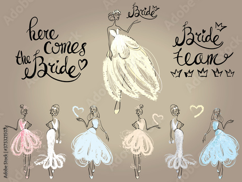 Fashion attractive wedding greeting card with here comes the bride model pose, bridesmaid. Beautiful hand drawn sketch on vintage background. Fashion style, beauty invitation card, banner, design