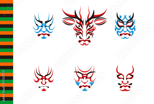 年賀状 ウシの顔のデザイン 日本の伝統芸能 歌舞伎の顔のメイク 隈取り イラスト セット ベクター