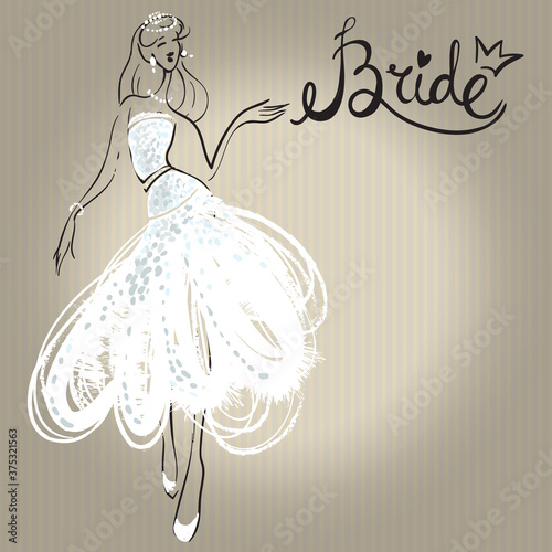 Fashion attractive wedding background with bride sign, lady, bride, bridesmaid. Beautiful hand drawn sketch on vintage background. Fashion, style, beauty, advertising greeting card, banner, design