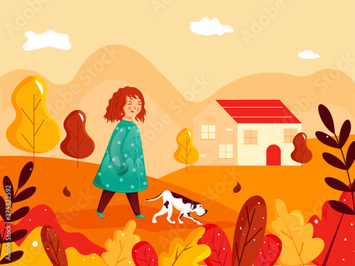 Cute Girl Walking with Dog Character in Front of House on Colorful Nature Background.