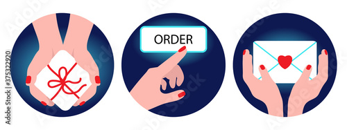 Set of illustration of female hands with gift, with postal envelope and finger press button to order. Emblems small surprise,  feedback or letter of thanks,  approve or choice in flat style