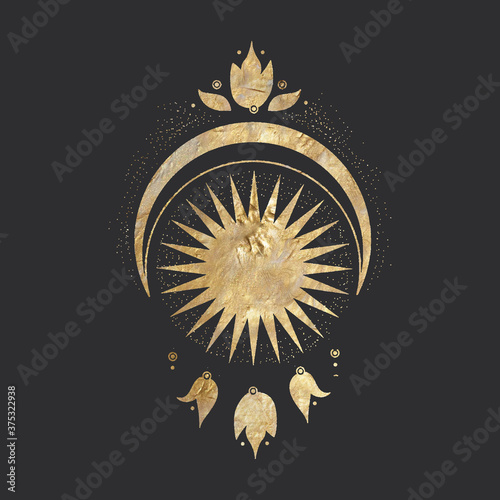 chic golden luxurious retro vintage engraving style. image of the sun and moon phases. culture of occultism. Vector graphics