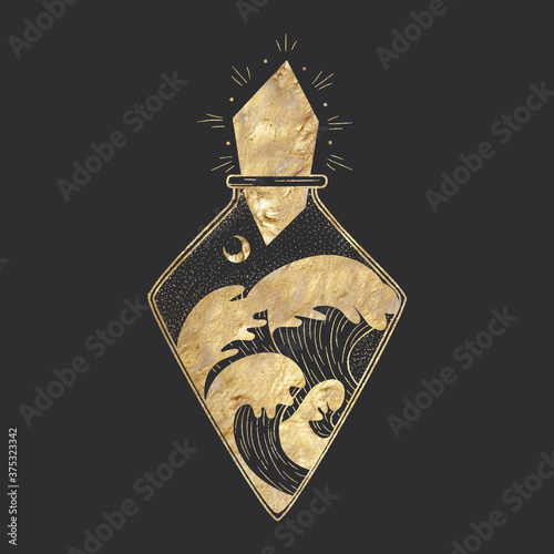 chic golden luxurious retro vintage engraving style. image of the sun and moon phases. culture of occultism. Vector graphics