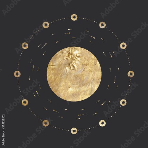 chic golden luxurious retro vintage engraving style. image of the sun and moon phases. culture of occultism. Vector graphics