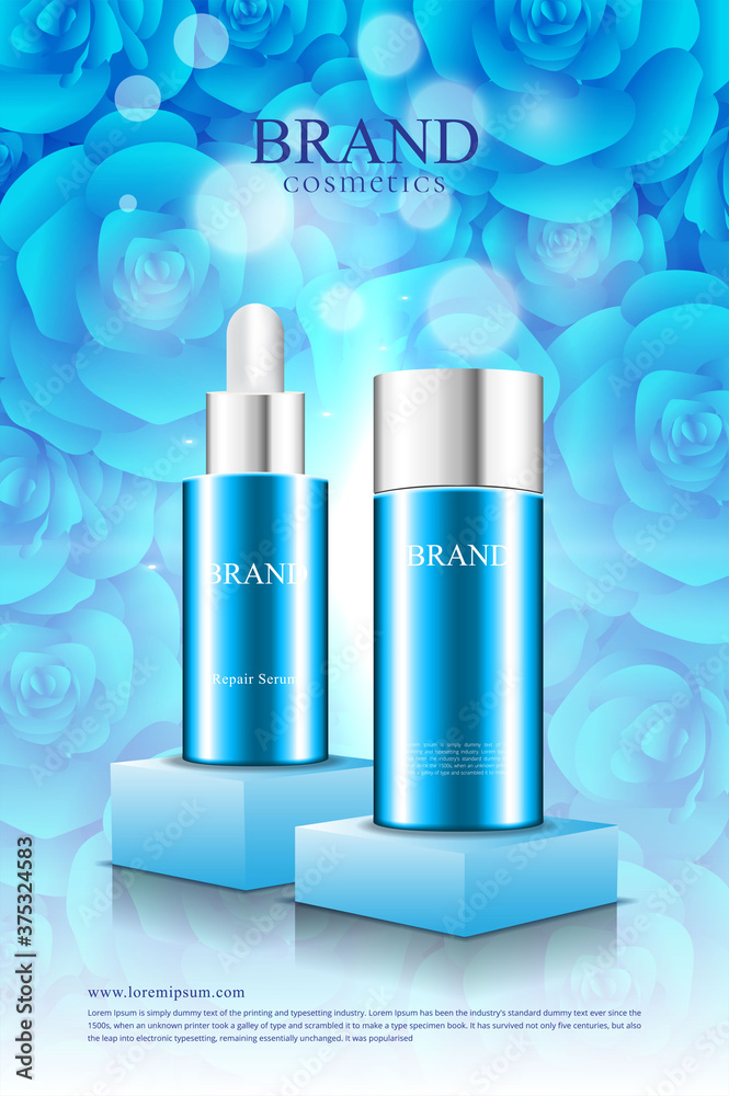 Cosmetic product poster on podium with beautiful blue rose background