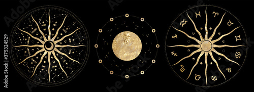 chic golden luxurious retro vintage engraving style. image of the sun and moon phases. culture of occultism. Vector graphics