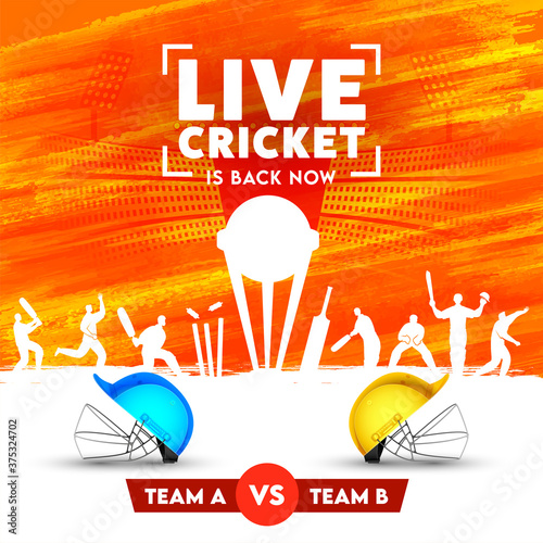 Cricketer Attire Helmets of Participants Team A & B with Silhouette Trophy Cup and Players on White and Orange Brush Stroke Texture Background.