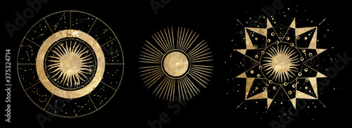 chic golden luxurious retro vintage engraving style. image of the sun and moon phases. culture of occultism. Vector graphics